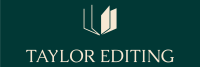 An open book against a green background above the text, "Taylor Editing"